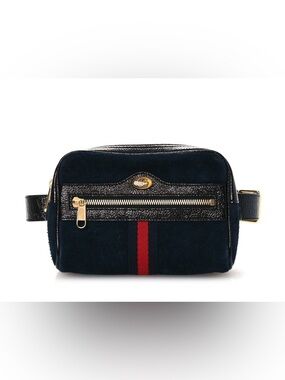 Gucci Black Suede & Black Leather Belt Bag with Red Web Stripe